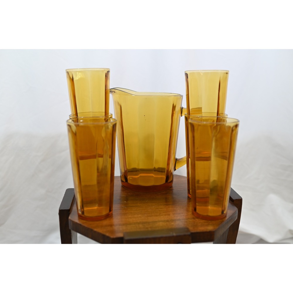 Vintage Amber Glass Panel Style Pitcher and 6 Matching Glasses Drinkware Set